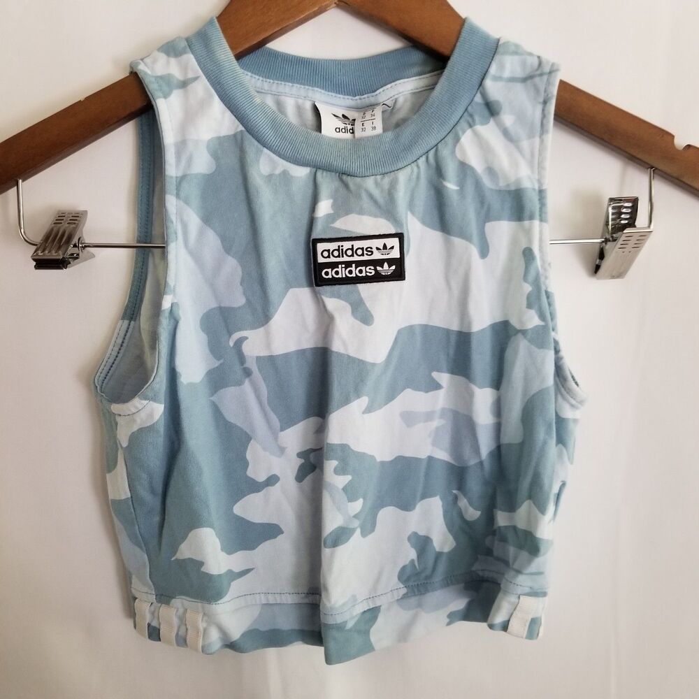 Adidas Originals Women’s XS Cropped Tank Top Blue Camo Sleeveless Logo Trefoil